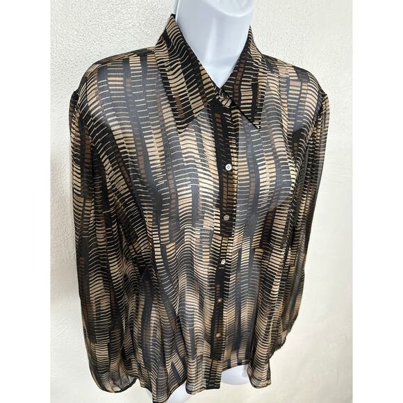 VTG Valerie Stevens Sheer Silk Geo Print Blouse XL Brown Black Fall Trend City - Picture 5 of 16
